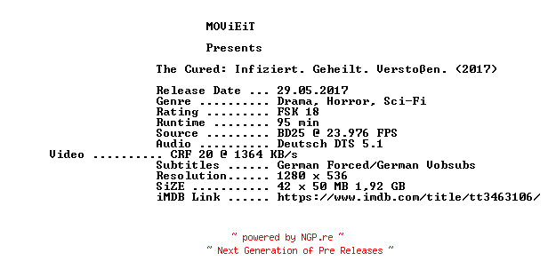NFO for the release The.Cured.Infiziert.Geheilt.Verstossen.2017.German.720p.BluRay.x264-MOViEiT by MOViEiT