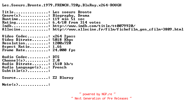 NFO for the release Les.Soeurs.Bronte.1979.FRENCH.720p.BluRay.x264-ROUGH by ROUGH