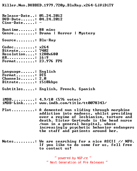 NFO for the release Killer.Nun.DUBBED.1979.720p.BluRay.x264-LiViDiTY by LiViDiTY
