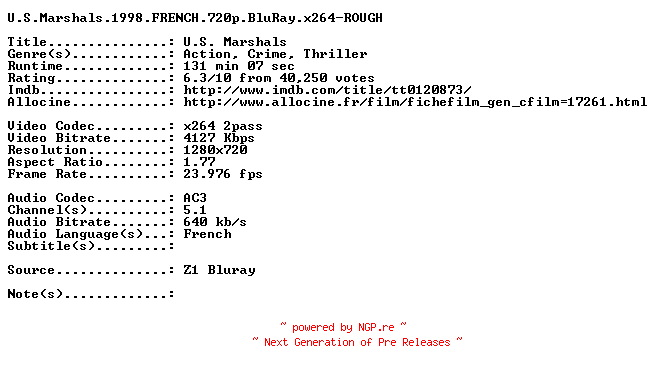 NFO for the release U.S.Marshals.1998.FRENCH.720p.BluRay.x264-ROUGH by ROUGH