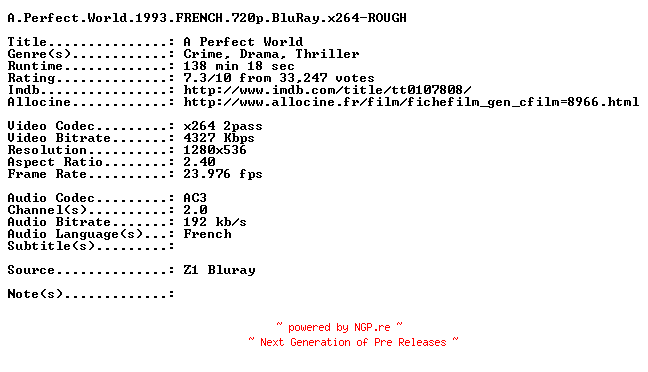 NFO for the release A.Perfect.World.1993.FRENCH.720p.BluRay.x264-ROUGH by ROUGH