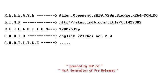 NFO for the release Alien.Opponent.2010.720p.BluRay.x264-SONiDO by SONiDO