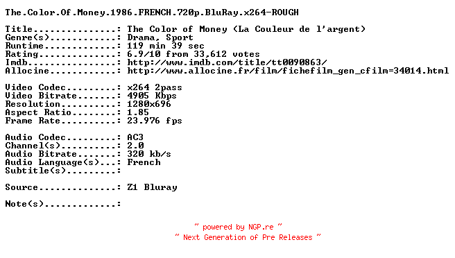 NFO for the release The.Color.Of.Money.1986.FRENCH.720p.BluRay.x264-ROUGH by ROUGH