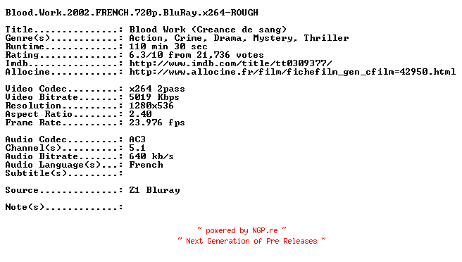 NFO for the release Blood.Work.2002.FRENCH.720p.BluRay.x264-ROUGH by ROUGH