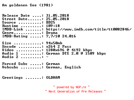 NFO for the release Am.goldenen.See.1981.German.720p.BluRay.x264-SPiCY by SPiCY