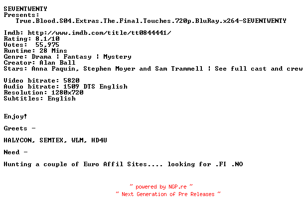 NFO for the release True.Blood.S04.Extras.The.Final.Touches.720p.BluRay.x264-SEVENTWENTY by SEVENTWENTY