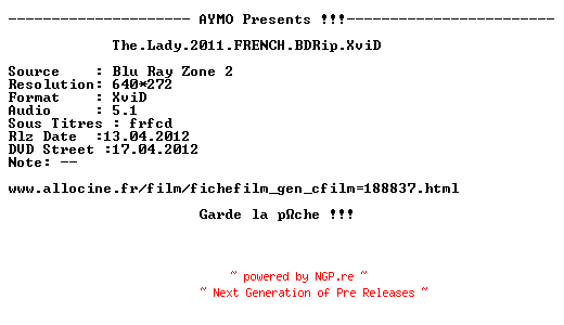 NFO for the release The.Lady.2011.FRENCH.BDRip.XviD-AYMO by AYMO