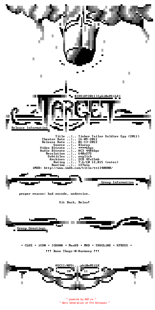 NFO for the release Tinker.Tailor.Soldier.Spy.2011.PROPER.BDRip.XviD-TARGET by TARGET