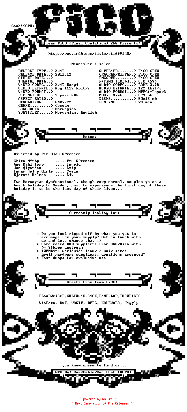 NFO for the release Mennesker.I.Solen.2011.BDRip.XviD-FiCO by FiCO