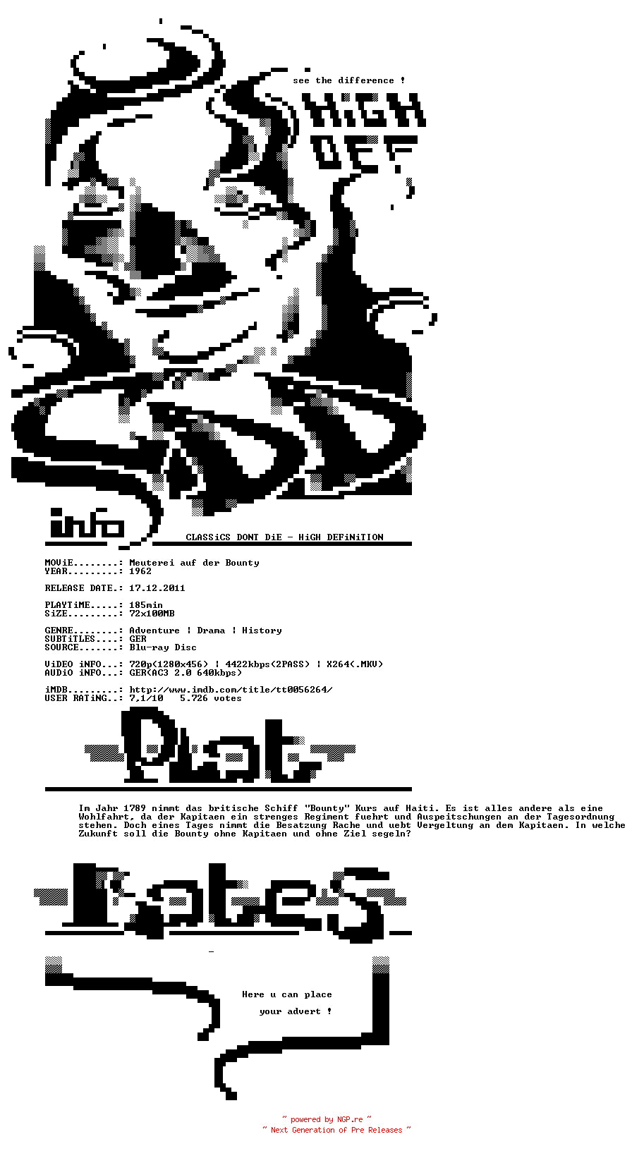 NFO for the release Meuterei.auf.der.Bounty.1962.German.720p.BluRay.x264-CDD by CDD