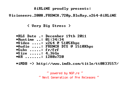 NFO for the release Visioneers.2008.FRENCH.720p.BluRay.x264-AiRLiNE by AiRLiNE
