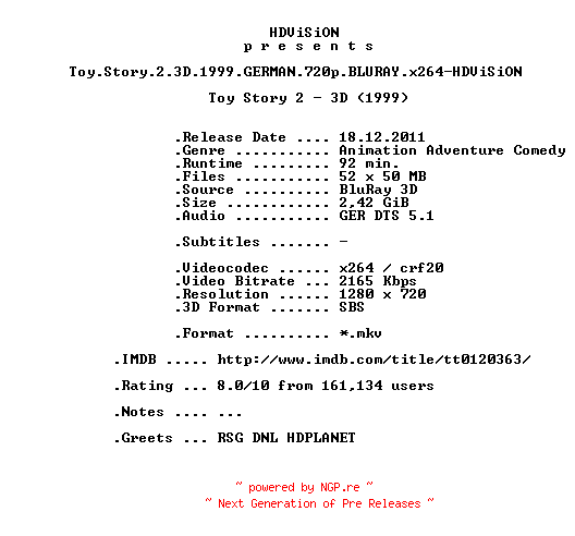 NFO for the release Toy.Story.2.3D.1999.GERMAN.720p.BLURAY.x264-HDViSiON by HDViSiON