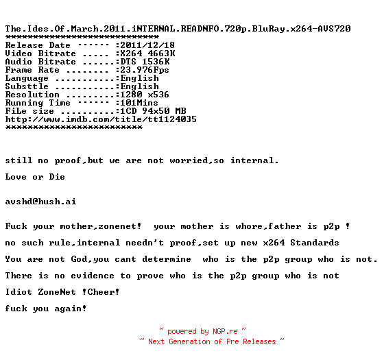NFO for the release The.Ides.Of.March.2011.iNTERNAL.READNFO.720p.BluRay.x264-AVS720 by AVS720