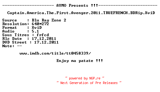 NFO for the release Captain.America.The.First.Avenger.2011.TRUEFRENCH.BDRip.XviD-AYMO by AYMO
