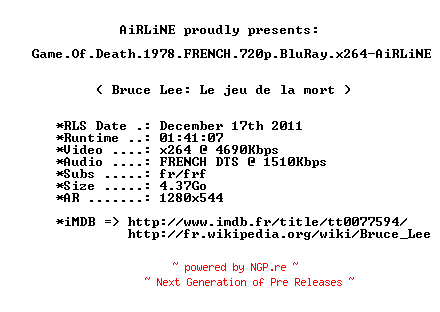 NFO for the release Game.Of.Death.1978.FRENCH.720p.BluRay.x264-AiRLiNE by AiRLiNE