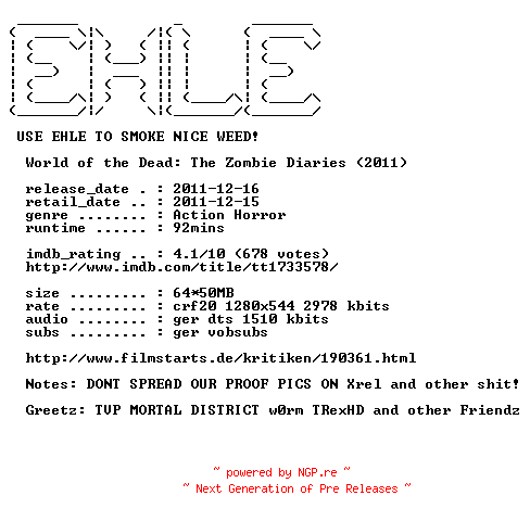NFO for the release World.of.the.Dead.The.Zombie.Diaries.2011.German.720p.BluRay.x264-EHLE by EHLE