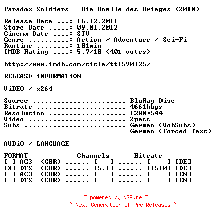 NFO for the release Paradox.Soldiers.Die.Hoelle.des.Krieges.2010.German.720p.BluRay.x264-OBLiGATED by OBLiGATED