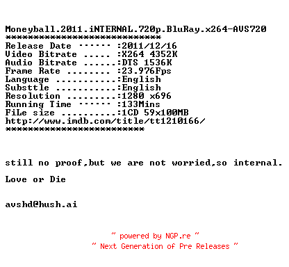 NFO for the release Moneyball.2011.iNTERNAL.720p.BluRay.x264-AVS720 by AVS720