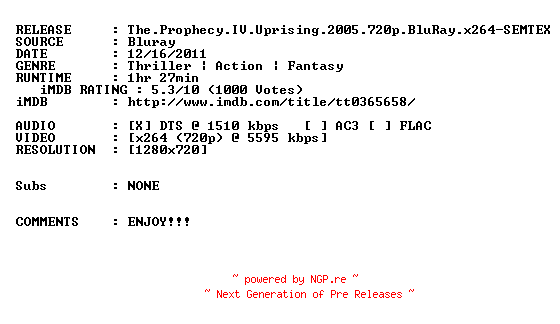 NFO for the release The.Prophecy.IV.Uprising.2005.720p.BluRay.x264-SEMTEX by SEMTEX