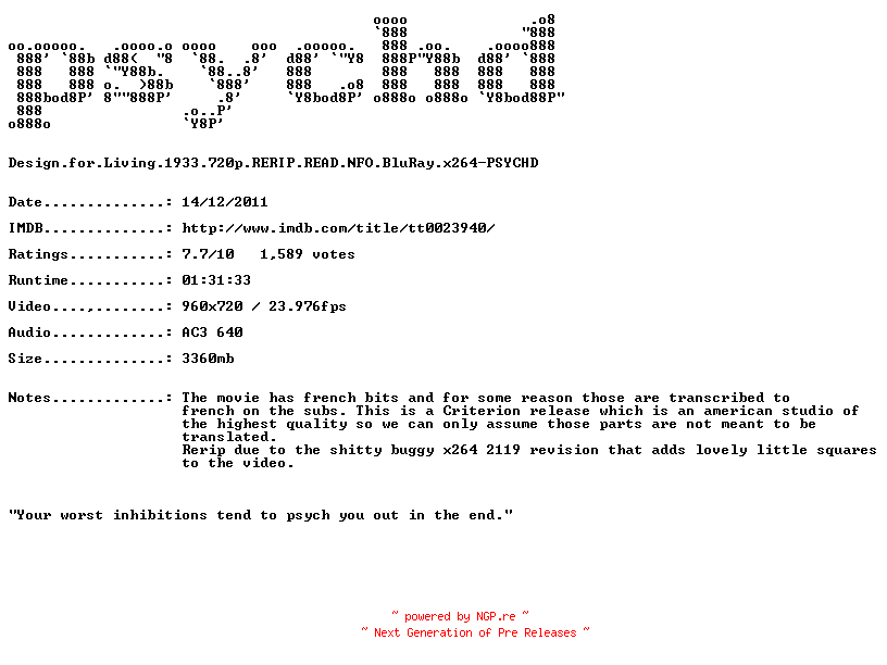 NFO for the release Design.for.Living.1933.720p.RERIP.READ.NFO.BluRay.x264-PSYCHD by PSYCHD