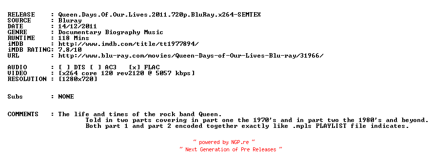 NFO for the release Queen.Days.Of.Our.Lives.2011.720p.BluRay.x264-SEMTEX by SEMTEX