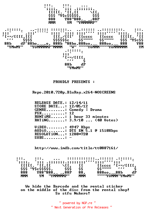 NFO for the release Repo.2010.720p.BluRay.x264-NOSCREENS by NOSCREENS