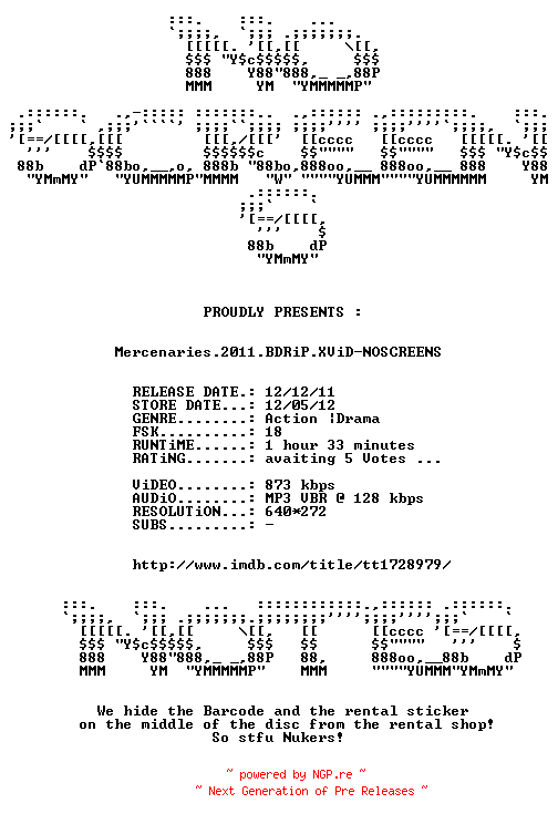NFO for the release Mercenaries.2011.BDRiP.XViD-NOSCREENS by NOSCREENS