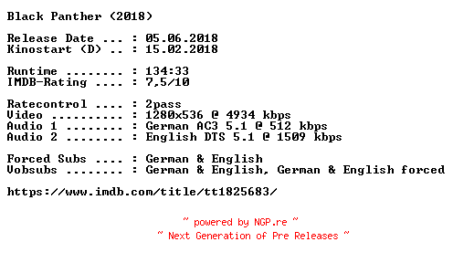 NFO for the release Black.Panther.2018.German.DL.720p.BluRay.x264-COiNCiDENCE by COiNCiDENCE