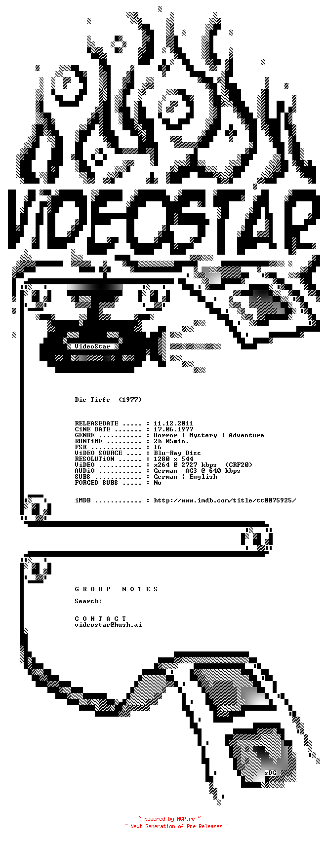 NFO for the release Die.Tiefe.1977.German.720p.BluRay.x264.iNTERNAL-VideoStar by VideoStar