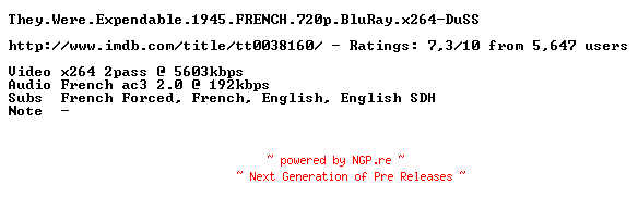 NFO for the release They.Were.Expendable.1945.FRENCH.720p.BluRay.x264-DuSS by DuSS