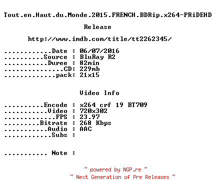 NFO for the release Tout.en.Haut.du.Monde.2015.FRENCH.BDRip.x264-PRiDEHD by PRiDEHD