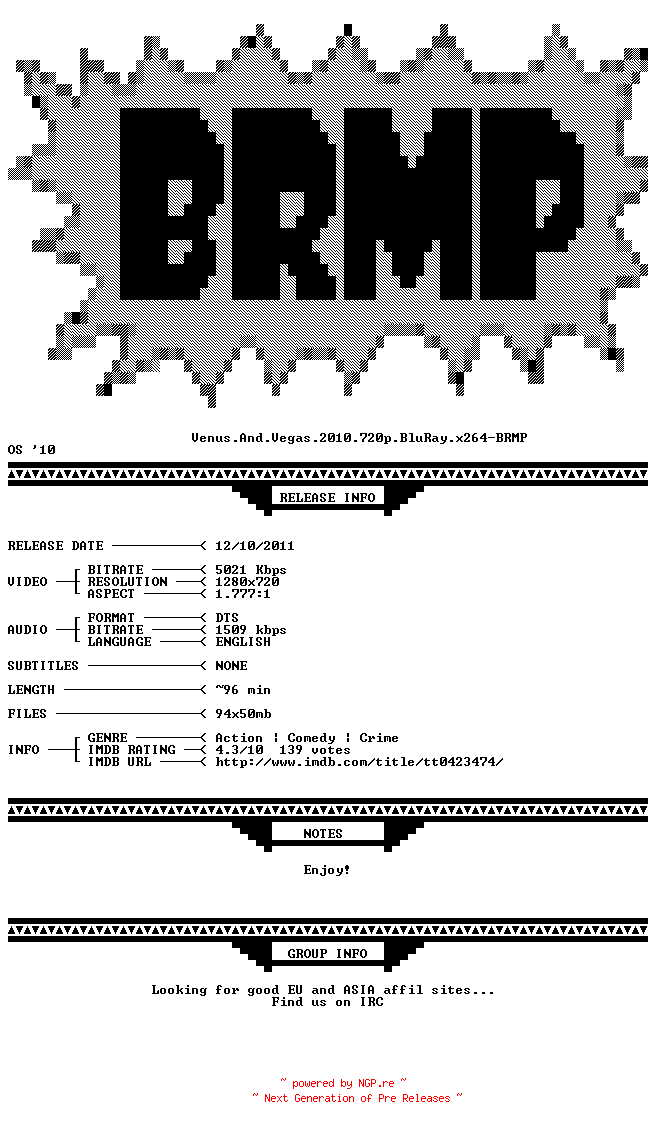 NFO for the release Venus.And.Vegas.2010.720p.BluRay.x264-BRMP by BRMP