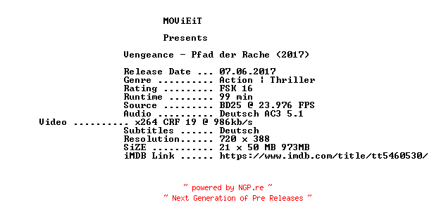 NFO for the release Vengeance.Pfad.der.Vergeltung.German.2017.BDRiP.x264-MOViEiT by MOViEiT