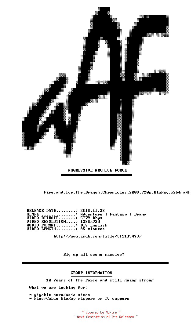 NFO for the release Fire.and.Ice.The.Dragon.Chronicles.2008.720p.BluRay.x264-aAF by aAF