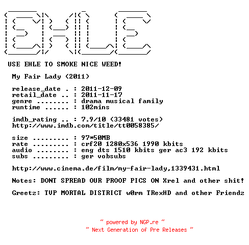 NFO for the release My.Fair.Lady.1964.German.DL.720p.BluRay.x264-EHLE by EHLE