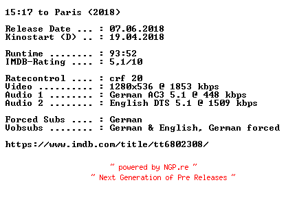NFO for the release 15.17.to.Paris.2018.German.DL.720p.BluRay.x264-COiNCiDENCE by COiNCiDENCE