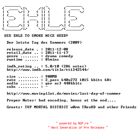 NFO for the release Der.letzte.Tag.des.Sommers.German.2009.AC3.BDRip.XviD.PROPER-EHLE by EHLE