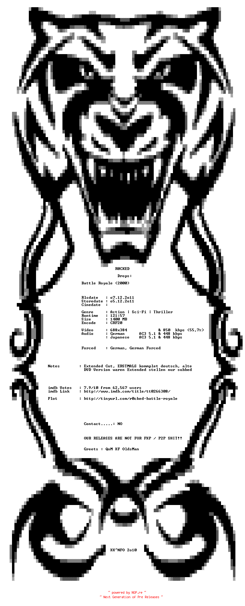 NFO for the release Battle.Royale.Extended.Cut.German.2000.DL.AC3.BDRiP.READ.NFO.XviD-R0CKED by R0CKED