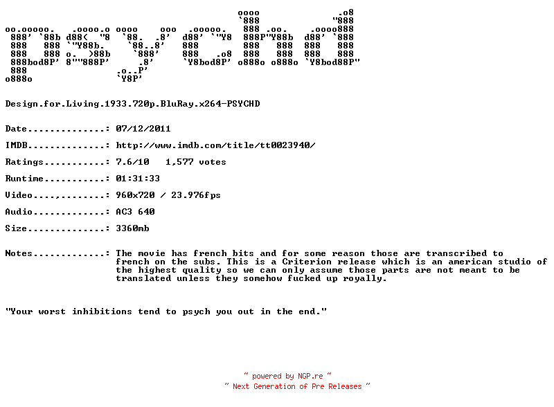 NFO for the release Design.for.Living.1933.720p.READ.NFO.BluRay.x264-PSYCHD by PSYCHD