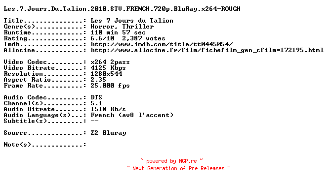 NFO for the release Les.7.Jours.Du.Talion.2010.STV.FRENCH.720p.BluRay.x264-ROUGH by ROUGH