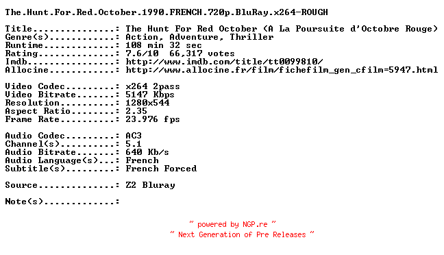 NFO for the release The.Hunt.For.Red.October.1990.FRENCH.720p.BluRay.x264-ROUGH by ROUGH