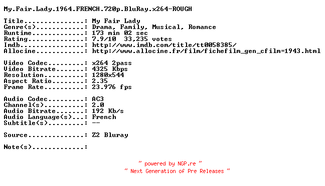 NFO for the release My.Fair.Lady.1964.FRENCH.720p.BluRay.x264-ROUGH by ROUGH
