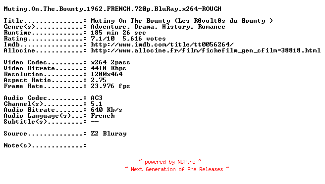 NFO for the release Mutiny.On.The.Bounty.1962.FRENCH.720p.BluRay.x264-ROUGH by ROUGH