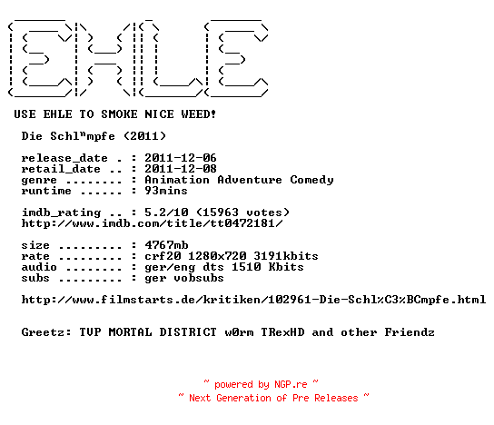 NFO for the release Die.Schluempfe.German.DL.720p.BluRay.x264-EHLE by EHLE