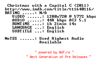 NFO for the release Christmas.with.a.Capital.C.2011.720p.BluRay.x264-MELiTE by MELiTE
