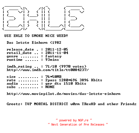 NFO for the release Das.letzte.Einhorn.1982.German.720p.BluRay.x264-EHLE by EHLE