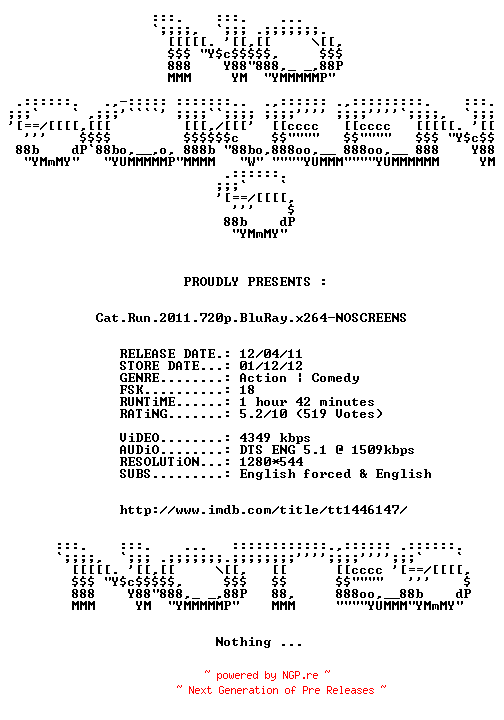 NFO for the release Cat.Run.2011.720p.BluRay.x264-NOSCREENS by NOSCREENS