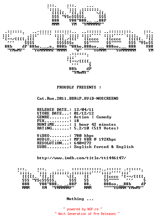 NFO for the release Cat.Run.2011.BDRiP.XViD-NOSCREENS by NOSCREENS