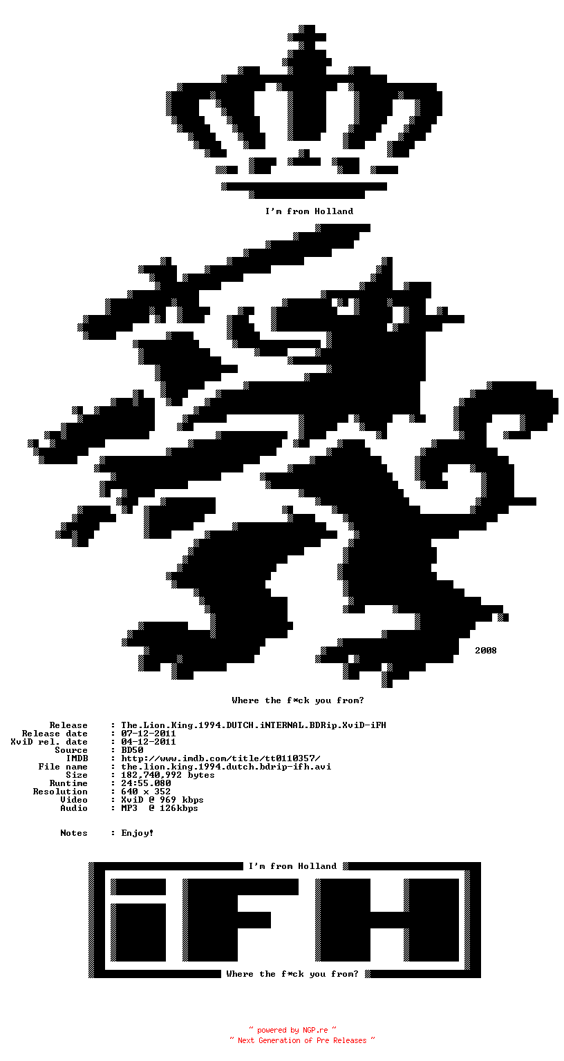 NFO for the release The.Lion.King.1994.DUTCH.iNTERNAL.BDRip.XviD-iFH by iFH