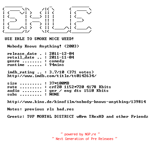 NFO for the release Nobody.knows.anything.2003.German.DL.720p.BluRay.x264.REPACK-EHLE by EHLE